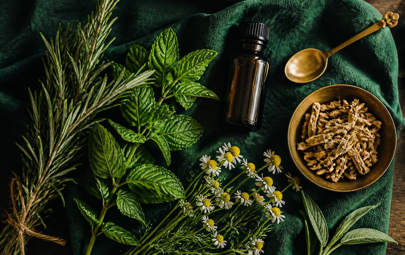 Fresh rosemary, mint and chamomile with an amber bottle on green linen